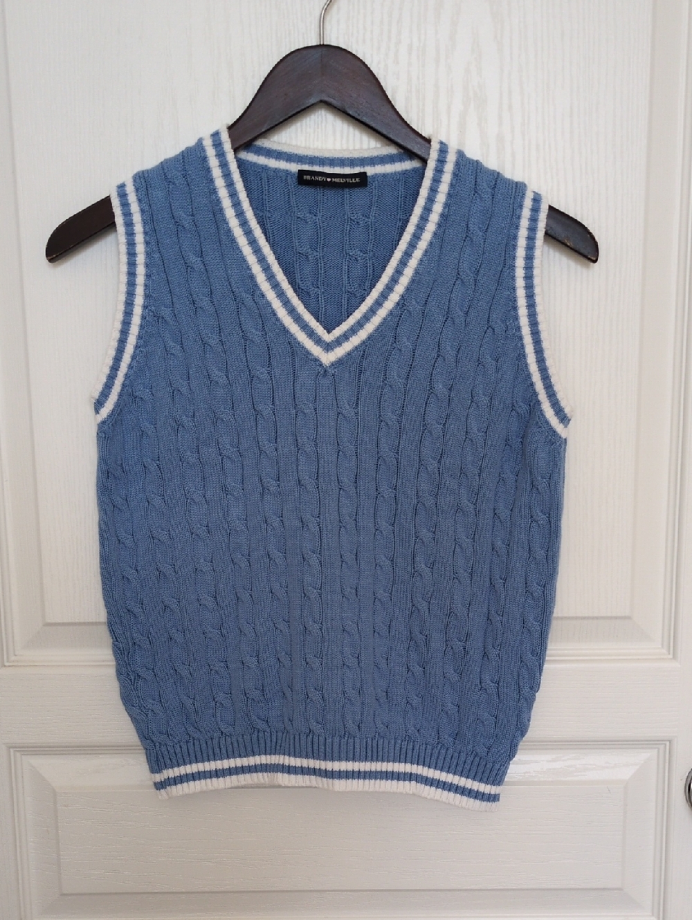 Brandy Melville Light Blue Cable Knit V-Neck Sweater Vest with White Trim